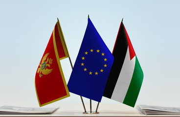Flags of Montenegro European Union and Palestine