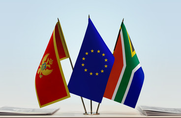 Flags of Montenegro European Union and Republic of South Africa