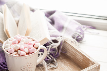 Coffee cup, open book, marshmallow and warm plaid on a window sill in winter. Cozy home breakfast...