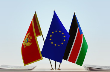 Flags of Montenegro European Union and South Sudan