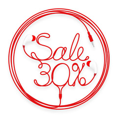 Earphones, In Ear type red color and 30 percent text made from cable in circle frame isolated on white background, with copy space