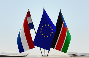 Flags of Netherlands European Union and South Sudan