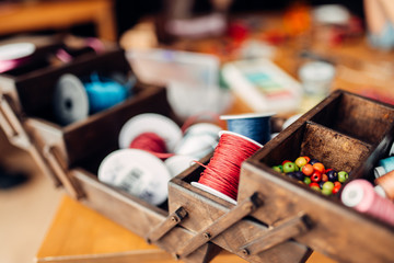 Needlework, box with ropes, beads and accessories