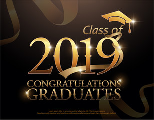 Class of 2019 Congratulations Graduates gold text with golden ribbons on dark background - obrazy, fototapety, plakaty