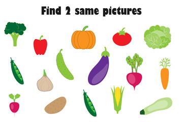 Find two identical pictures, fun education game with vegetables in cartoon style for children, preschool worksheet activity for kids, task for the development of logical thinking, vector illustration
