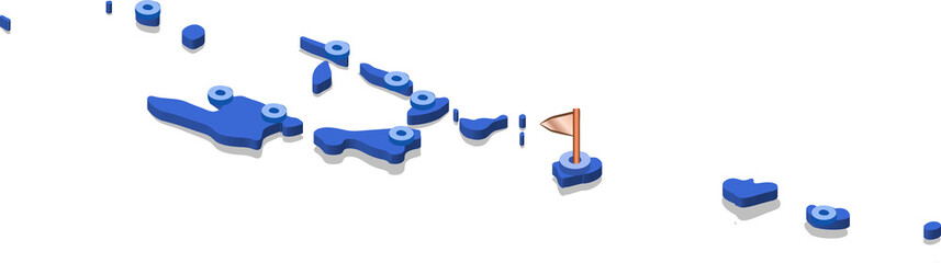 3d isometric view map of Vanuatu with blue surface and cities. Isolated, white background