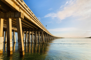 Seven Mile Bridge at Sun Rise. The Bridge is a famous bridge in the Florida Keys, in Florida, United States. It connects Knight's Key in the Middle Keys to Little Duck Key in the Lower Keys.