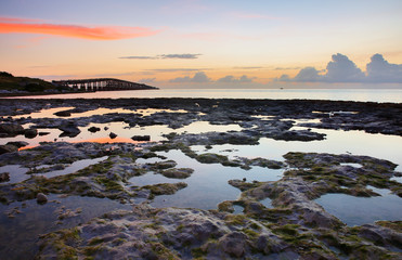 Bahia Honda Beach at Sunrise, Key West, Florida. Photo shows mash land and historic bridge of Bahia Honda State Park  in the Florida Keys, Flowrida, USA.