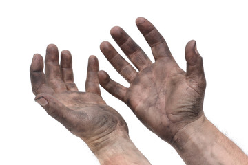 man dirty greasy hands isolated white background