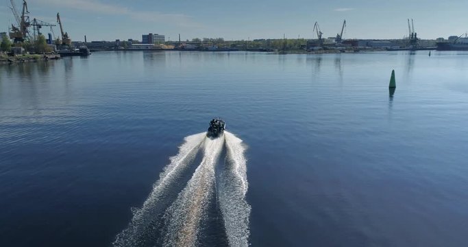 Fishing boat on the river fisherman drone flight 4k