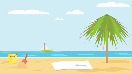 Fototapeta na wymiar Landscape of sea of sandy tropical beach with palm tree on clear summer day. children's bucket and shovel in the sand. blanket and a book on sand of beach. Vector flat. Beach seascape. Rest on sea.