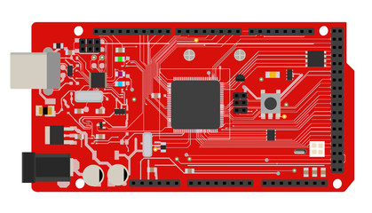 DIY electronic mega board with a microprocessor, interfaces, LEDs, connectors, and other electronic components, to form the basic of smart home, robotic, and many other projects related to electronics