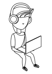 avatar young man sitting and using a laptop computer and headphones over white background, vector illustration