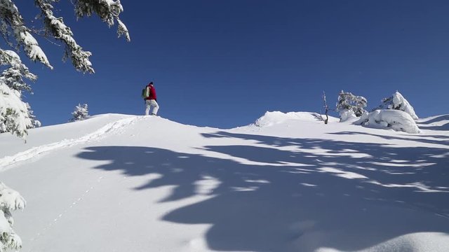Snowshoe hiker climbs to the Paha-Koli peak in deep snow