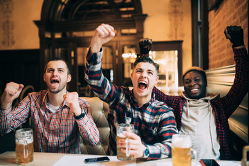 sport, people, leisure, friendship and entertainment concept - Multiracial friends group drinking beer and celebrating victory at bar or pub