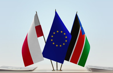 Flags of Poland European Union and South Sudan