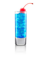 Blue shot cocktail with cherry and ice cubes isolated on white background. Clipping path