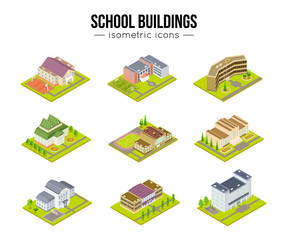 Isometric school education set icons vector illustration. Eraser, compasses, sharpener, flask, pencil and other objects.