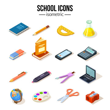 Isometric school education set icons vector illustration. Eraser, compasses, sharpener, flask, pencil and other objects