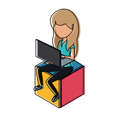 avatar woman sitting on a cube seat and using a laptop computer over white background, colorful design.  vector illustration