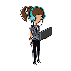 avatar woman standing and using a laptop computer and headphones over white background, colorful design. vector illustration