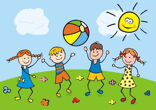 Happy kids play with a balloon on the meadow. Vector illustration.