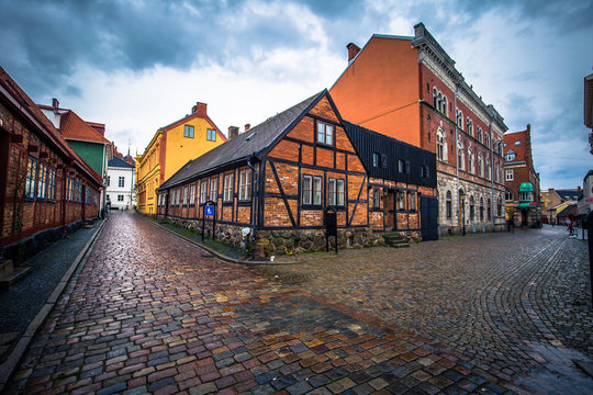 Ystad - October 22, 2017: Historic center of the town of Ystad in Skane, Sweden