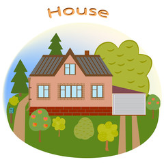 House. Beautiful home. Detailed colored cottage. House and trees. Vector illustration