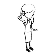 sketch of Woman standing and Talking on Cellphone over white background, vector illustration