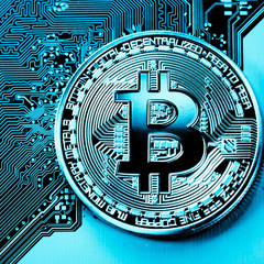 close up of Bitcoin money mining connect Internet Network 