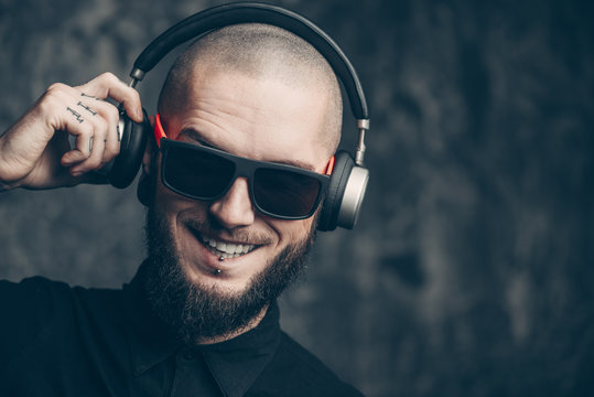 happy man in earphones