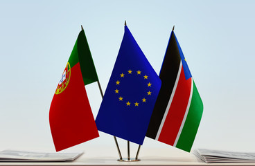 Flags of Portugal European Union and South Sudan