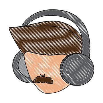 avatar man with mustache and  using a headphones over white background, colorful design. vector illustration