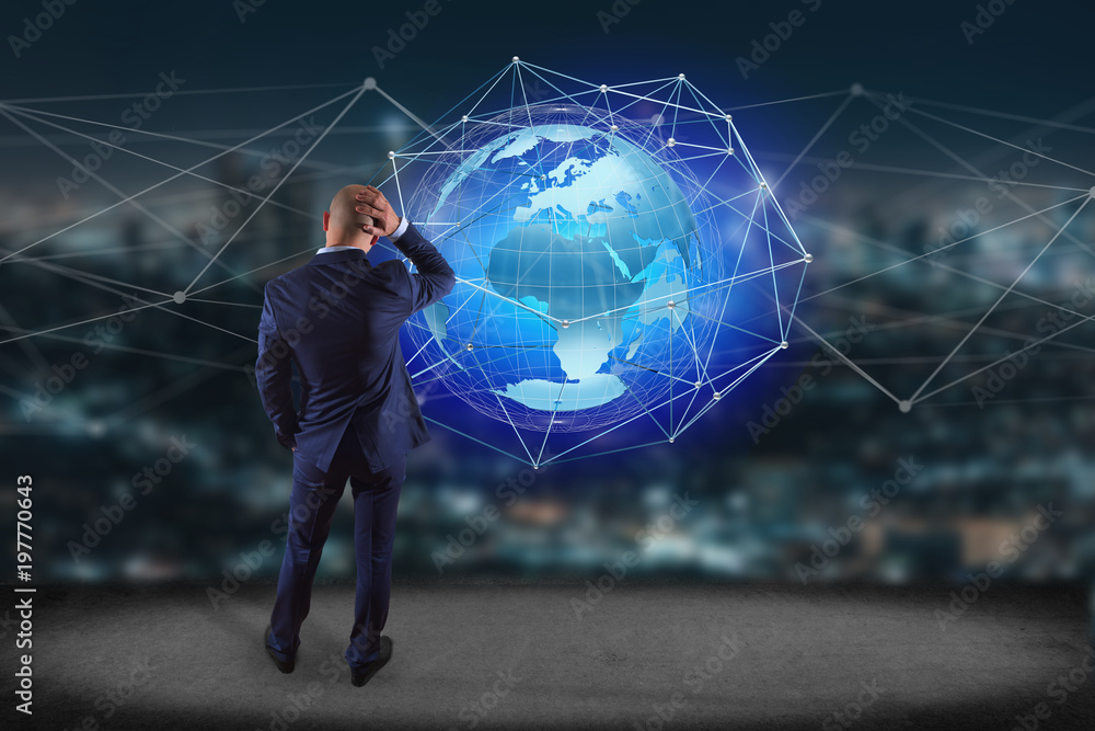 Poster businessman in front of a wall with a connected network over a earth globe concept on a futuristic i