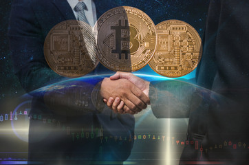 Double exposure of Business shaking hands of partner over Three Bitcoins mockup over Part of earth on the Milky Way background,cryptocurrency high risk concept,Elements of this image furnished by NASA