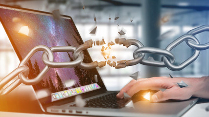 Weak link of a Broken chain exploding - 3d render