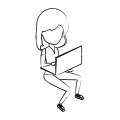 sketch of avatar woman sitting and using a laptop computer over white background, vector illustration