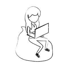 sketch of avatar woman sitting on a bean bag and using a laptop computer over white background, vector illustration