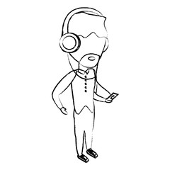 sketch of avatar man listening music with headphones over white background, vector illustration