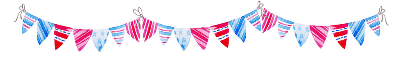 Illustration for 4th of July. Watercolor Bunting Flags. Celebration of American Independence Day