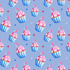 Illustration Independence of USA. Watercolor cupcake pattern for 4th of July. Design for holidays, print, banner