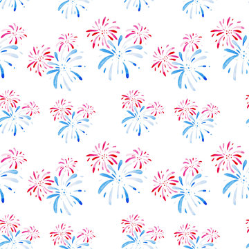 fireworks festival for 4th of July. Watercolor pattern for holidays, United Stated independence day. Design for print, card, banner