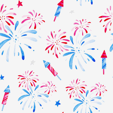 Watercolor fireworks festival pattern for holidays, 4th of July, United Stated independence day. Design for print, card, banner