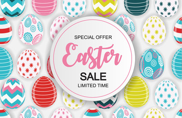 Happy Easter Cute Sale Poster  Background with Eggs. Vector Illustration