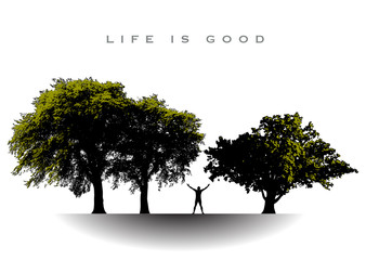 Life is good for this joyful man with arms extended to the trees in gratitude  