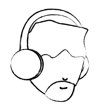 sketch of avatar man with beard and using a headphones over white background, vector illustration