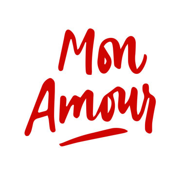 Mon Amour lettering. Love hand drawn calligraphy quote. Valentine's day. Red on white