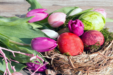 Ostern mit Ostereier im Osternest und Tulpen