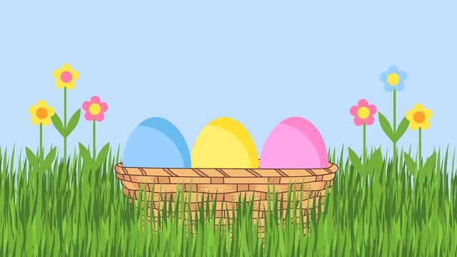 Easter eggs jump into a basket that stands on the grass. animation 4k