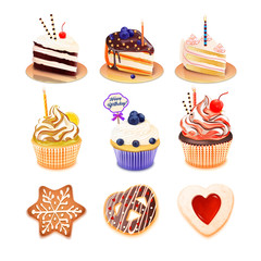 Set of vector realistic cupcake cookies and cake slices on isolated on white background